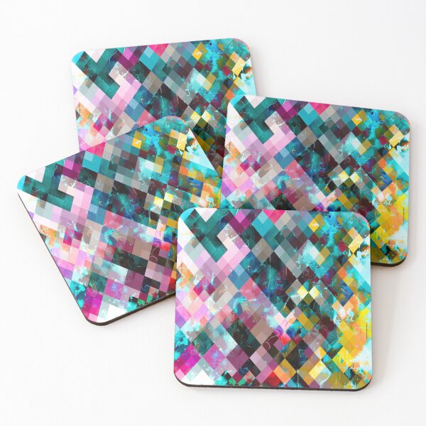 Item preview, geometric square pixel pattern abstract background in blue pink orange purple designed and sold by Mrvell.