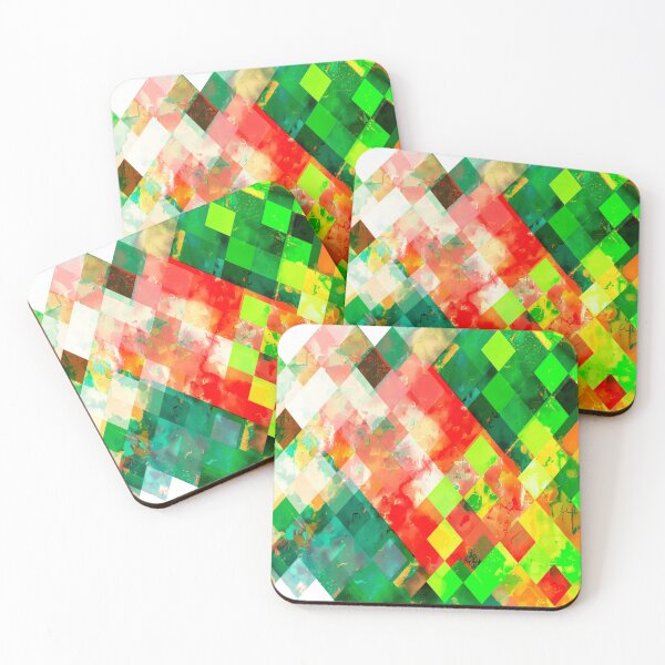 Item preview, geometric square pixel pattern abstract background in green red yellow designed and sold by Mrvell.