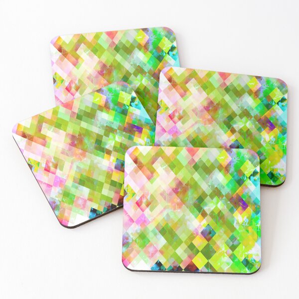 Item preview, geometric square pixel pattern abstract background in green pink yellow blue designed and sold by Mrvell.