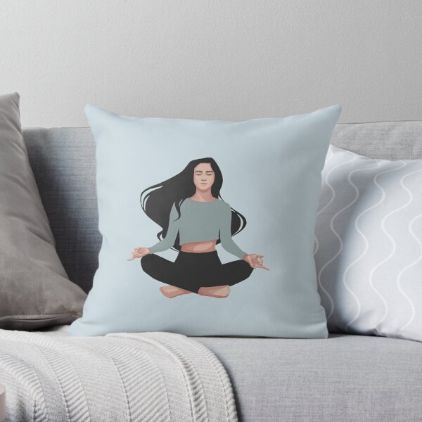 Blue Yoga Girl Asana - Good Vibes Spiritual Meditation Namaste - Illustration by MadliArt Throw Pillow