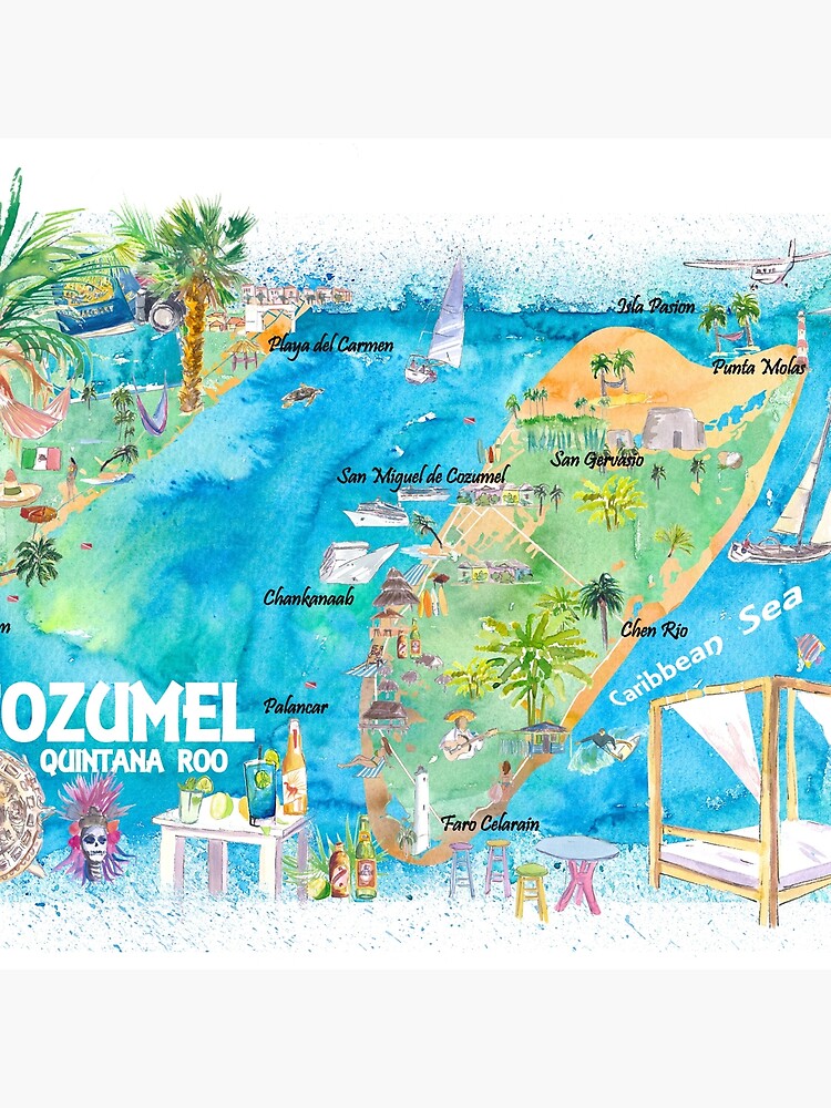 Cozumel Quintana Roo Mexico Illustrated Travel Map with Roads and  Highlights