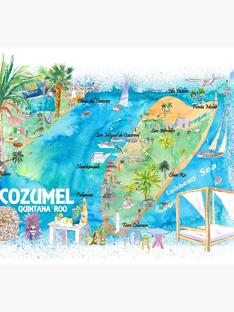 Cozumel Quintana Roo Mexico Illustrated Travel Map with Roads and  Highlights | Socks