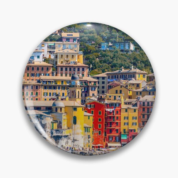 Item preview, view of the picturesque and colorful village of Camogli in Liguria on the Italian Riviera with its palaces painted orange and bright yellow designed and sold by fineartitalia.