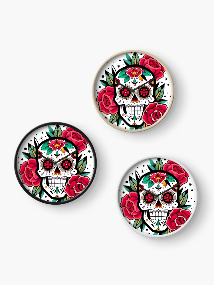Thumbnail 3 of 4, Clock, Sugar Skull With Roses Art Collection designed and sold by JTS STORE.