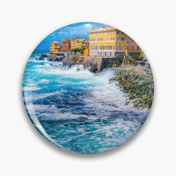 Item preview, rough sea big waves crash on small port of Nervi in Genoa in Italian Riviera of liguria in beautiful sunny day designed and sold by fineartitalia.