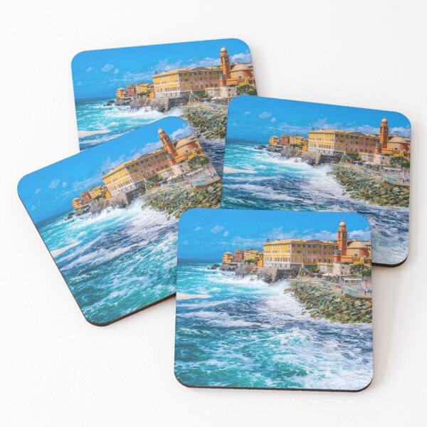 Item preview, rough sea big waves crash on small port of Nervi in Genoa in Italian Riviera of liguria in beautiful sunny day designed and sold by fineartitalia.
