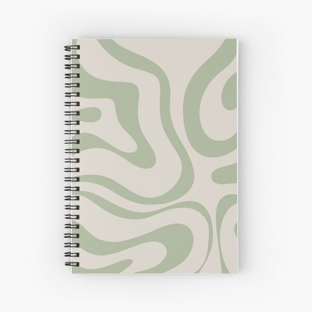 Liquid Swirl Abstract Pattern in Beige and Sage Green Spiral Notebook