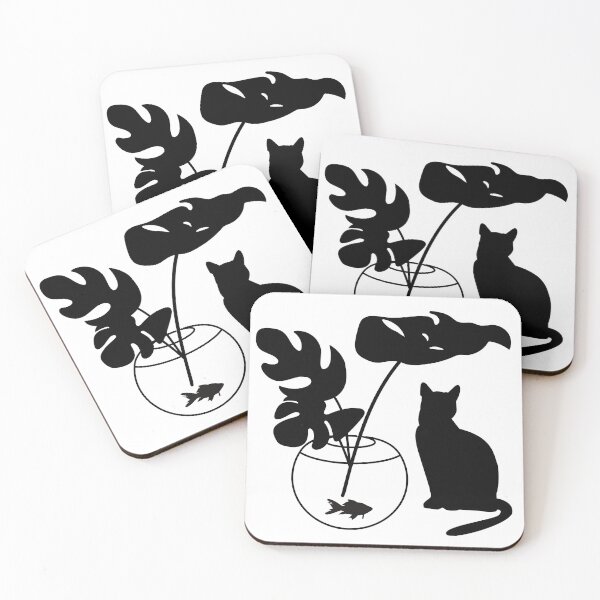 Item preview, Planta Monstera en blanco y negro con gato y pez designed and sold by Stewby.