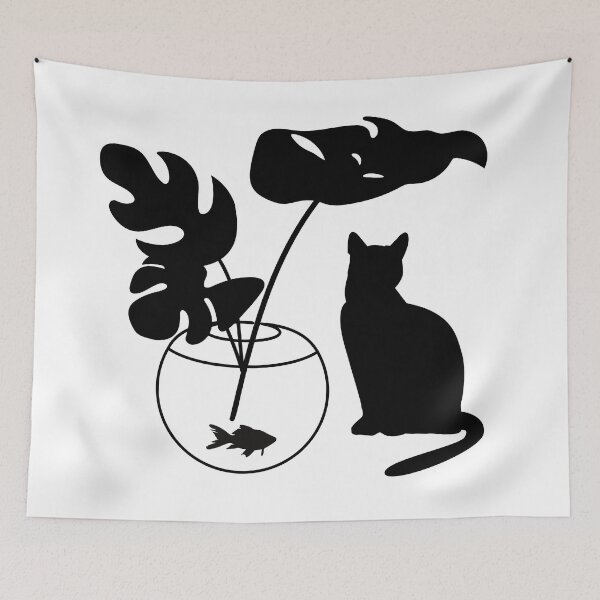 Item preview, Planta Monstera en blanco y negro con gato y pez designed and sold by Stewby.