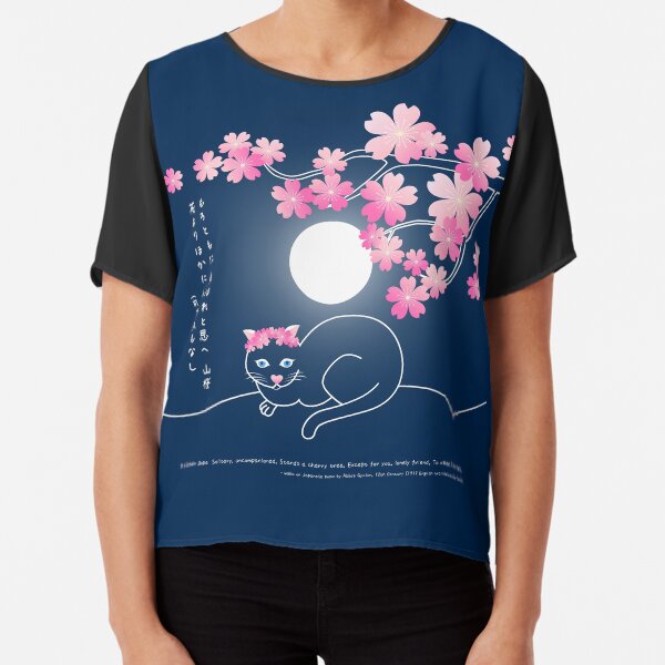 Pretty Cat Pink Japanese Sakura Cherry Blossoms Blue Night Chiffon Top