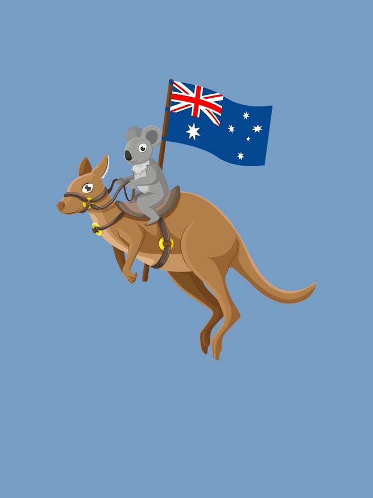 Koala riding kangaroo carrying australian flag