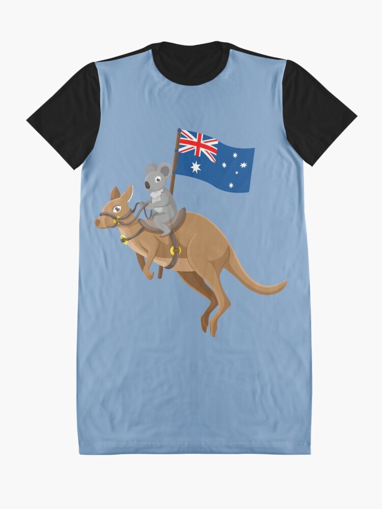 Koala riding kangaroo carrying australian flag\