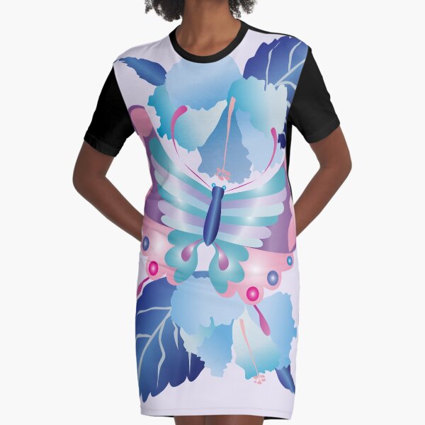 Pretty Purple Turquoise Butterfly Blue Winter Hibiscus Flowers Graphic T-Shirt Dress
