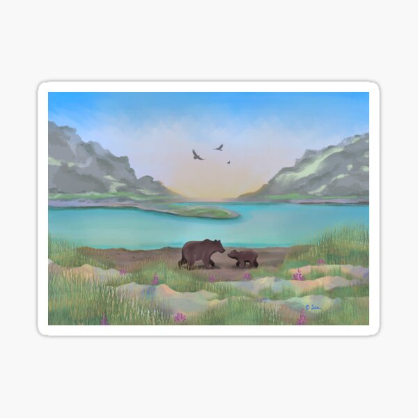 Mama Bear and Cub at the Bay Sticker