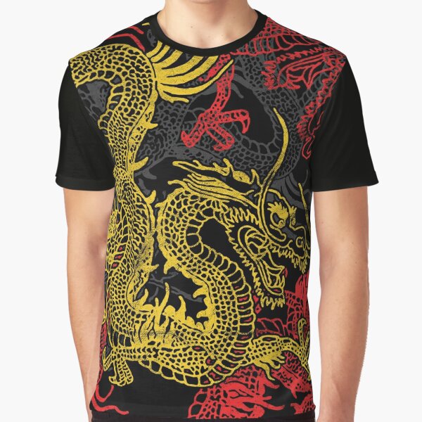 Golden Chinese Dragon Pattern Graphic T-Shirt