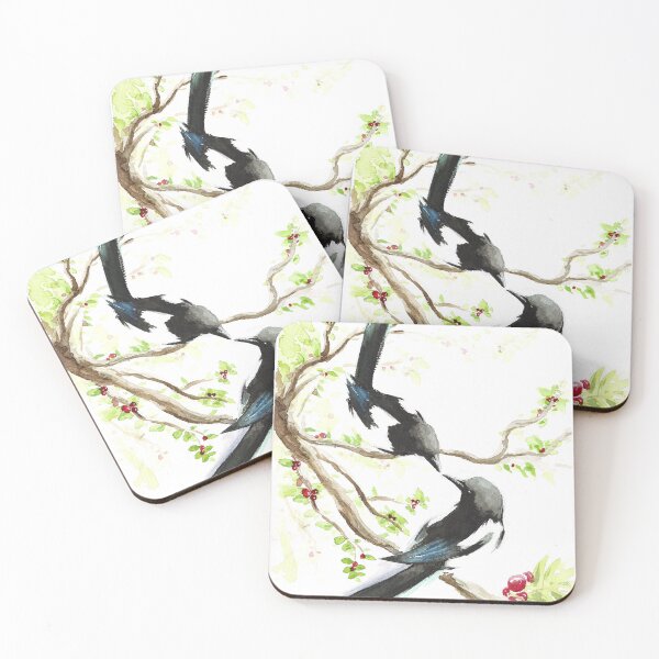 Item preview, Two For Joy Magpie Delicate Cute Watercolour Painting designed and sold by OnHeathAndMoor.