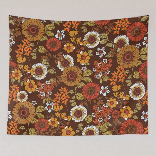 Item preview, 70s vintage boho flowers, orange, browns, hippie, flower power designed and sold by chrissyink.