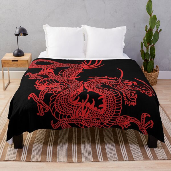 Dark Comforter With Dragon, Bedding Set in Black & Red Oriental