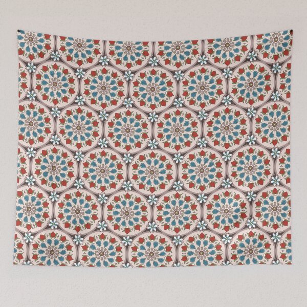 Item preview, Geometric pattern of red-blue flowers on pink circles designed and sold by colorofmagic.