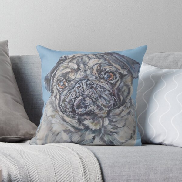 Percy Blue. Pug dog painting art by award-winning UK artist Sam Fenner Throw Pillow
