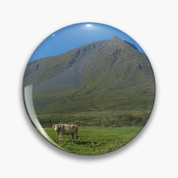 Item preview, Cute and funny looking cows with a great view over Pico mountains, during hiking trail at the Azores island Pico, highest mountain of Portugal. designed and sold by AylaHarbich.