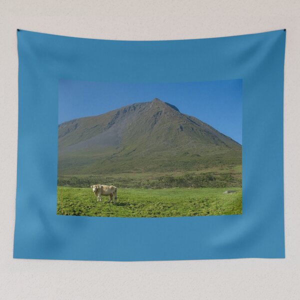 Item preview, Cute and funny looking cows with a great view over Pico mountains, during hiking trail at the Azores island Pico, highest mountain of Portugal. designed and sold by AylaHarbich.
