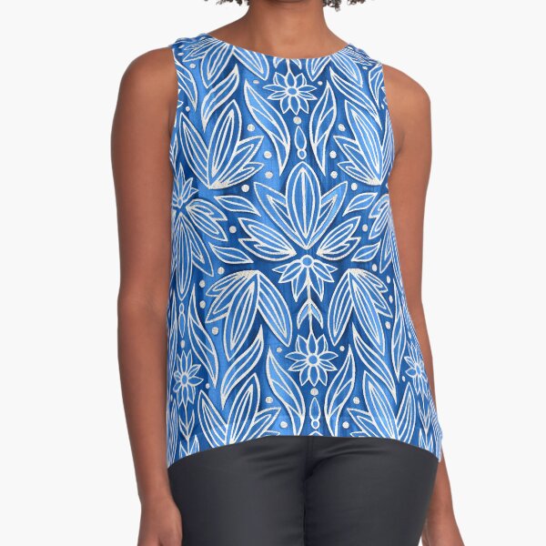 Rococo Silver Enamel Art Deco on Blue Sleeveless Top
