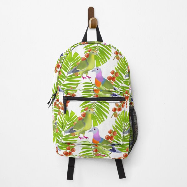 Item preview, A pair of Pink-necked green pigeons, macarthur palm leaves and berries, white background, large print designed and sold by Naty Design Prague.
