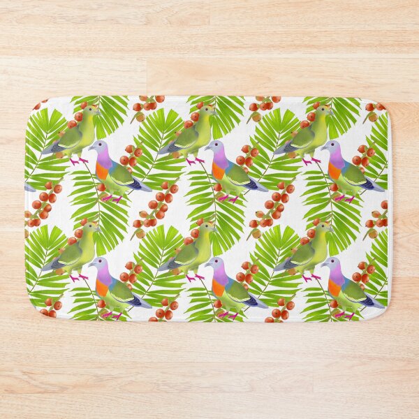 Item preview, A pair of Pink-necked green pigeons, macarthur palm leaves and berries, white background, large print designed and sold by Naty Design Prague.