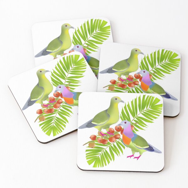 Item preview, A pair of Pink-necked green pigeons, macarthur palm leaves and berries, white background, large print designed and sold by Naty Design Prague.