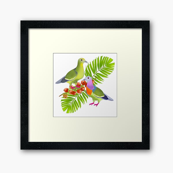 Item preview, A pair of Pink-necked green pigeons, macarthur palm leaves and berries, white background, large print designed and sold by Naty Design Prague.