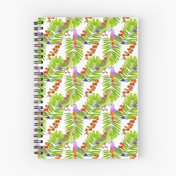 Item preview, A pair of Pink-necked green pigeons, macarthur palm leaves and berries, white background, large print designed and sold by Naty Design Prague.