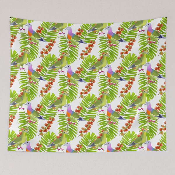 Item preview, A pair of Pink-necked green pigeons, macarthur palm leaves and berries, white background, large print designed and sold by Naty Design Prague.