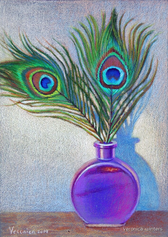 "Two peacock feathers in vase" by veronica winters Redbubble