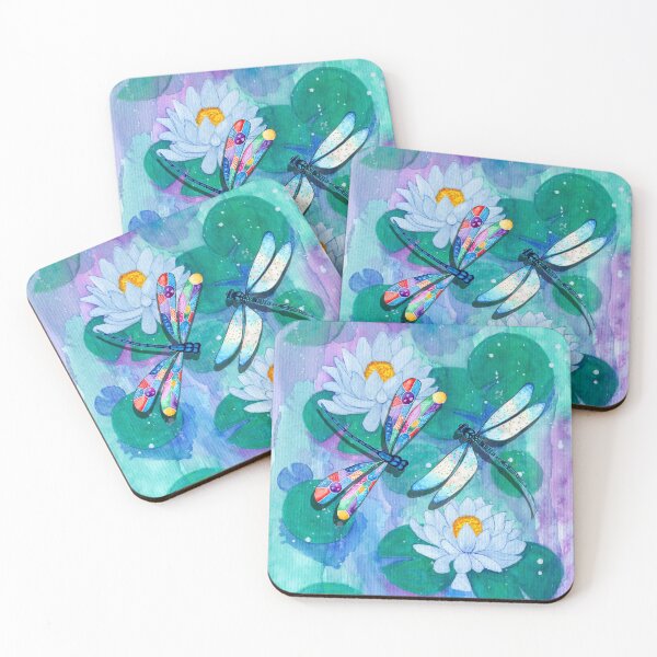 Item preview, Whimsical dragonflies and white lotus flowers designed and sold by SukoB34.