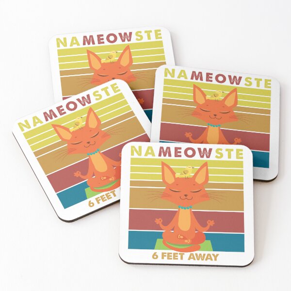 Item preview, Namaste Meow six feet apart Cute Yoga Cat with Bird on Yoga Matt stripes  designed and sold by LeBreab.