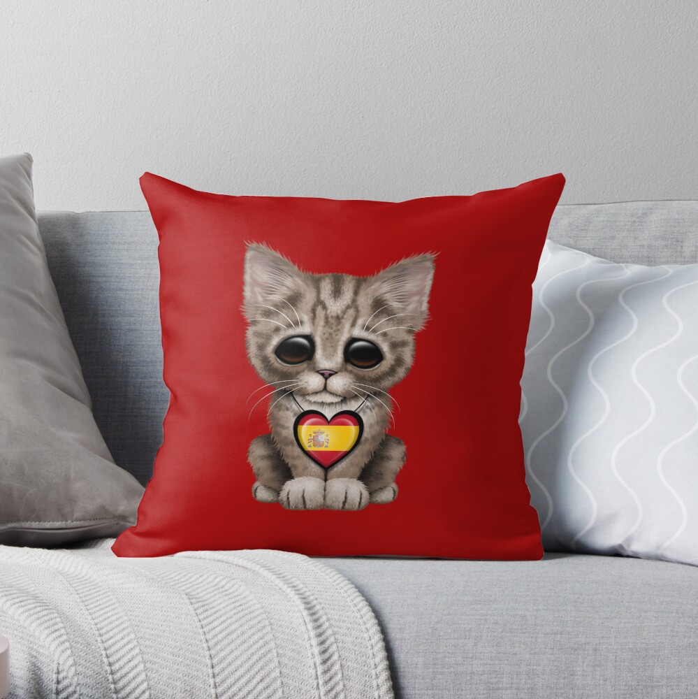 Cute Kitten Cat With Spanish Flag Heart Throw Pillow By Jeffbartels Redbubble