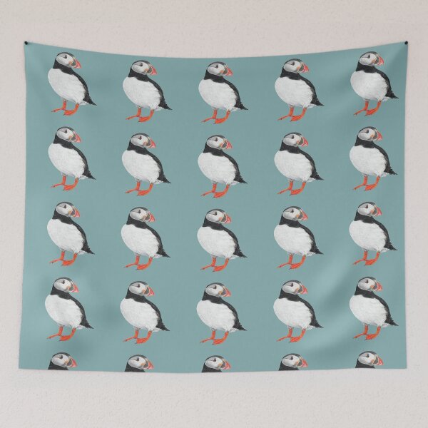 Item preview, Puffin pastel art on sea blue background designed and sold by IslesArt.