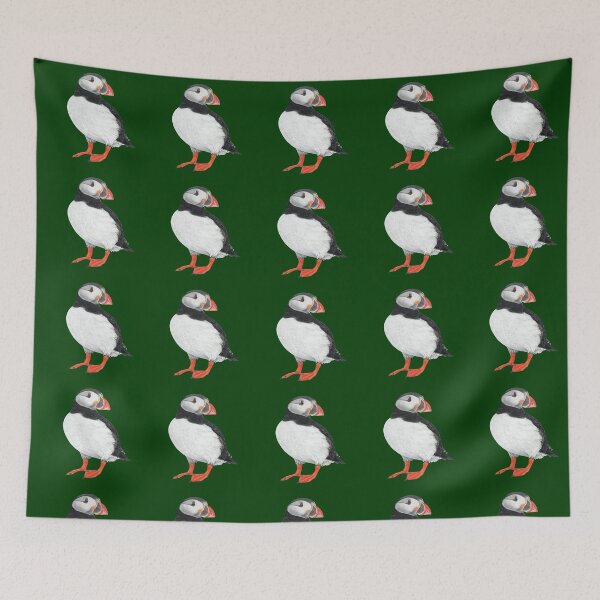 Item preview, Puffin pastel art on dark green background designed and sold by IslesArt.