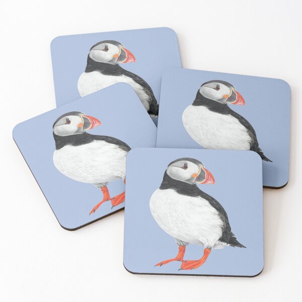 Item preview, Puffin pastel art on moody blue background designed and sold by IslesArt.