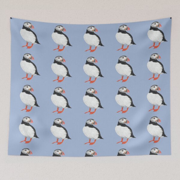 Item preview, Puffin pastel art on moody blue background designed and sold by IslesArt.