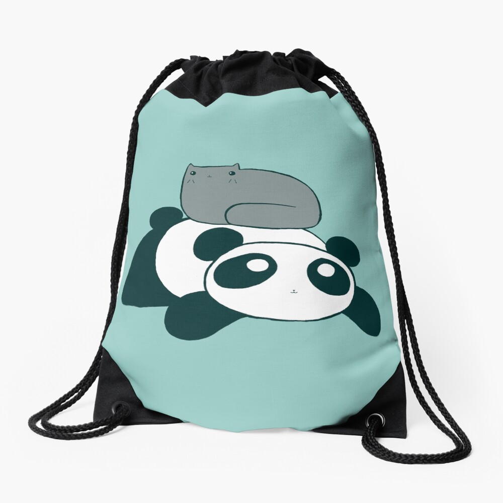 Panda and Gray Cat Drawstring Bag
