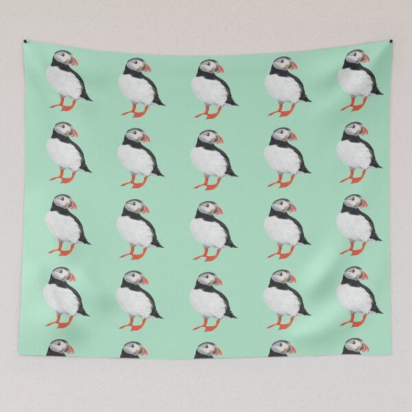 Item preview, Puffin pastel art on mint green background designed and sold by IslesArt.