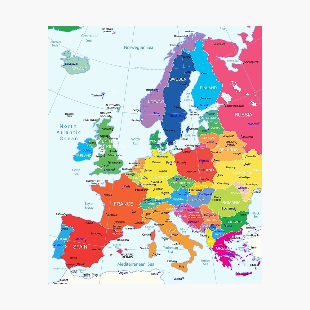 Europe Map with the border, countries, capitals and major cities  Poster