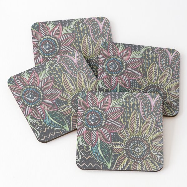 Item preview, Mola embriodery inspired colored pencil flower drawing on black paper designed and sold by Paintingladycat.