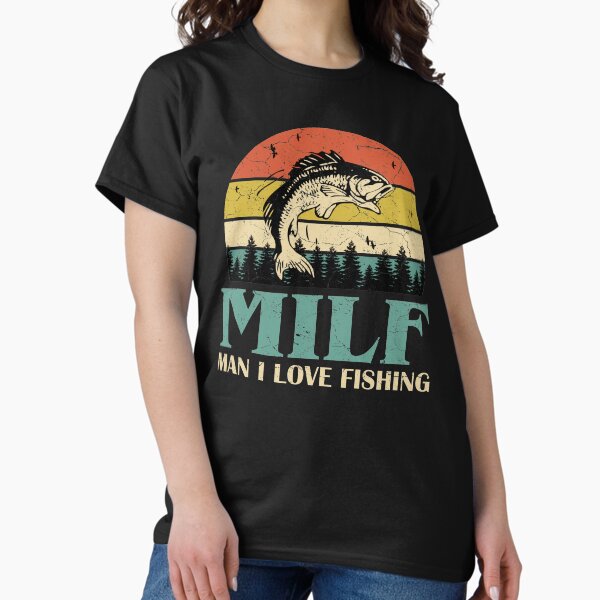 Vista previa del artículo con la obra «MILF hombre me encanta pescar retro vintage puesta de sol divertido regalo de pesca», diseñado y vendido por EvengoDesign89.