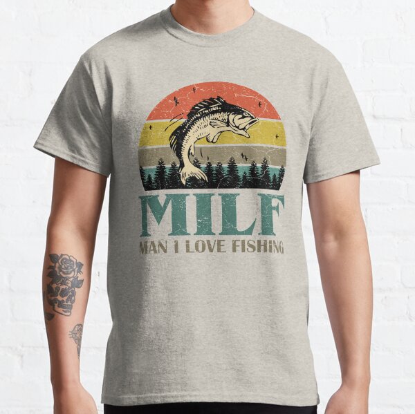 Vista previa del artículo con la obra «MILF hombre me encanta pescar retro vintage puesta de sol divertido regalo de pesca», diseñado y vendido por EvengoDesign89.