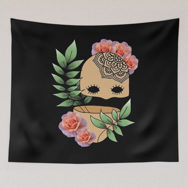 Item preview, Plant Lover, Creepy Face with Plant Leaf & Peach Rose Flowers - Repeat Print designed and sold by 10pmCreations.