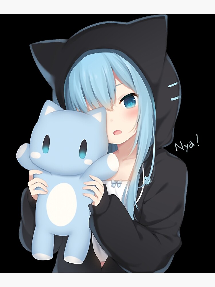 Kawaii Anime Neko Cat Girl in Black Hoodie Poster for Sale by