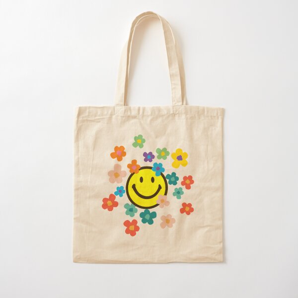 Retro flowers with a smiley face Cotton Tote Bag